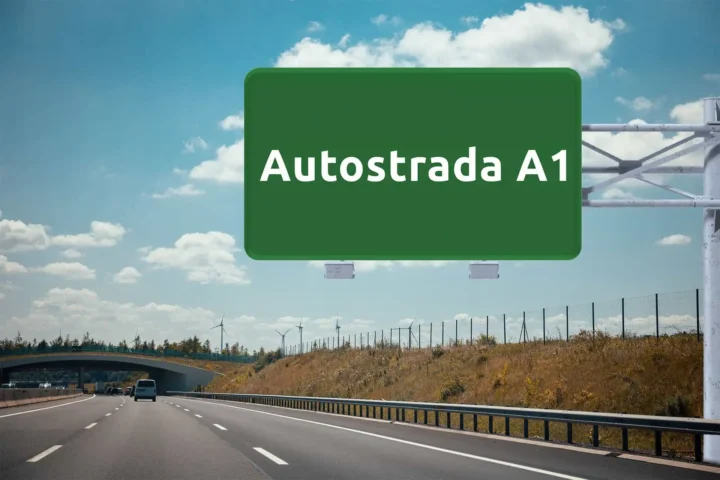 duży, zielony znak drogowy z nazwą Autostrada A1, wiszący nad autostradą