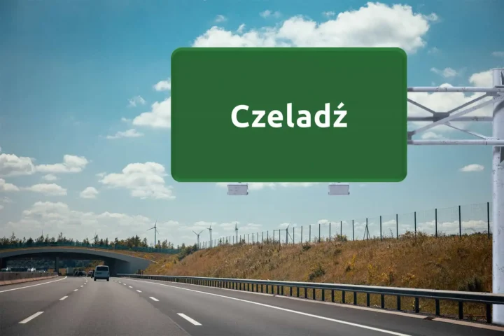 duży, zielony znak drogowy z nazwą Czeladź, wiszący nad autostradą