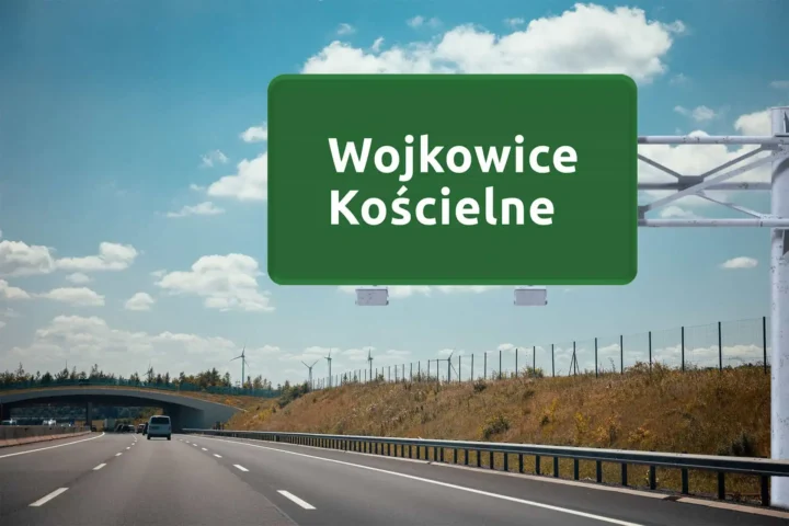 duży, zielony znak drogowy z nazwą Wojkowice Śląskie, wiszący nad autostradą